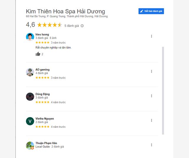 Đánh giá của khách hàng về Kim Thiên Hoa Spa trên google maps